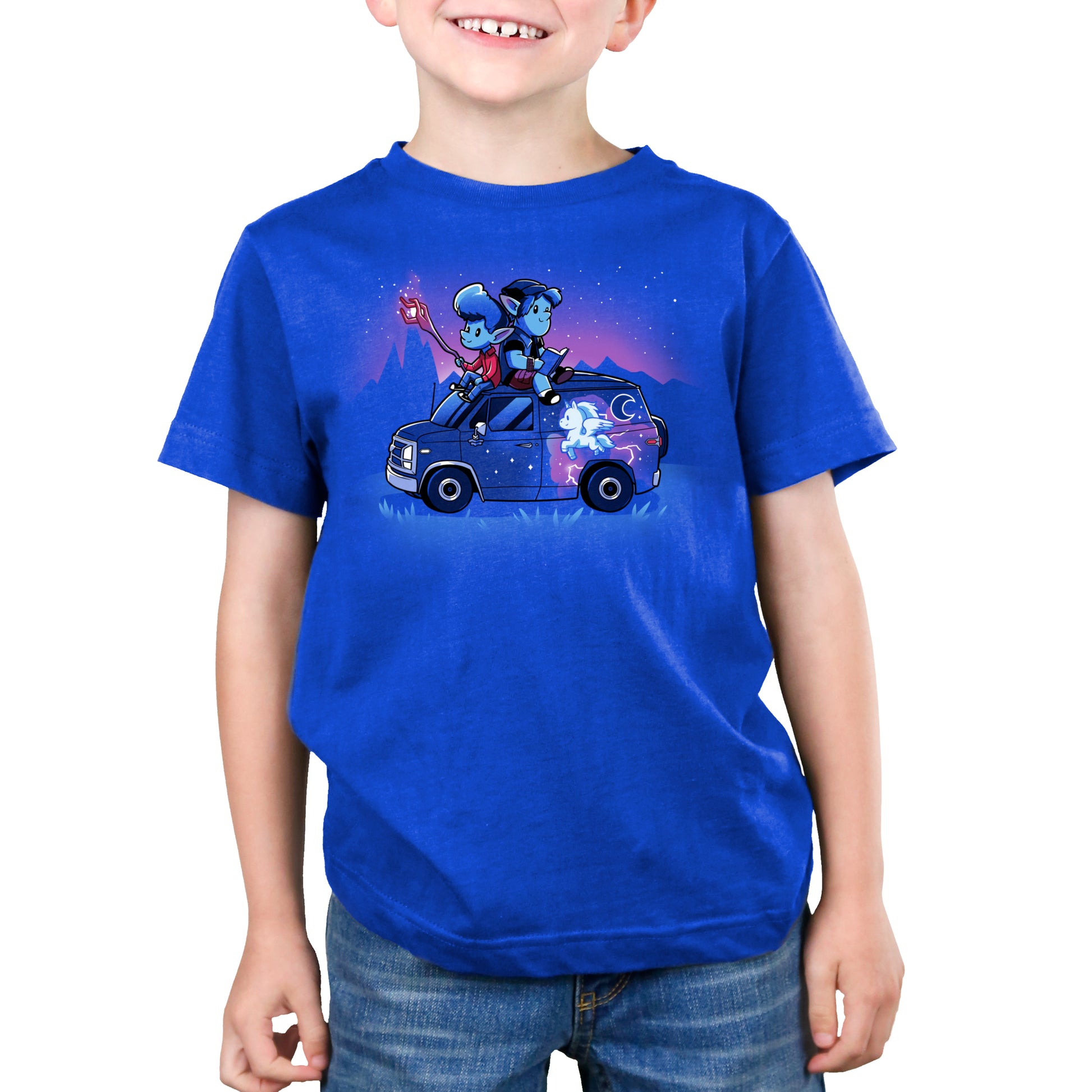 A young boy wearing an officially licensed Disney t-shirt featuring the movie "Onward.