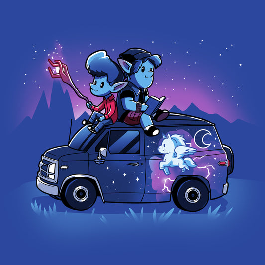 An officially licensed Disney Onward t-shirt featuring a van with two people on top of it.