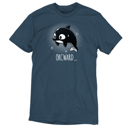 A denim blue TeeTurtle Orcward t-shirt with an orca whale on it.