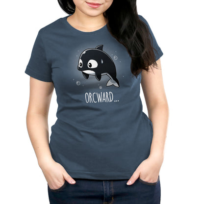 An Orcward denim blue Orcward tee with the word "orca" on it by TeeTurtle.