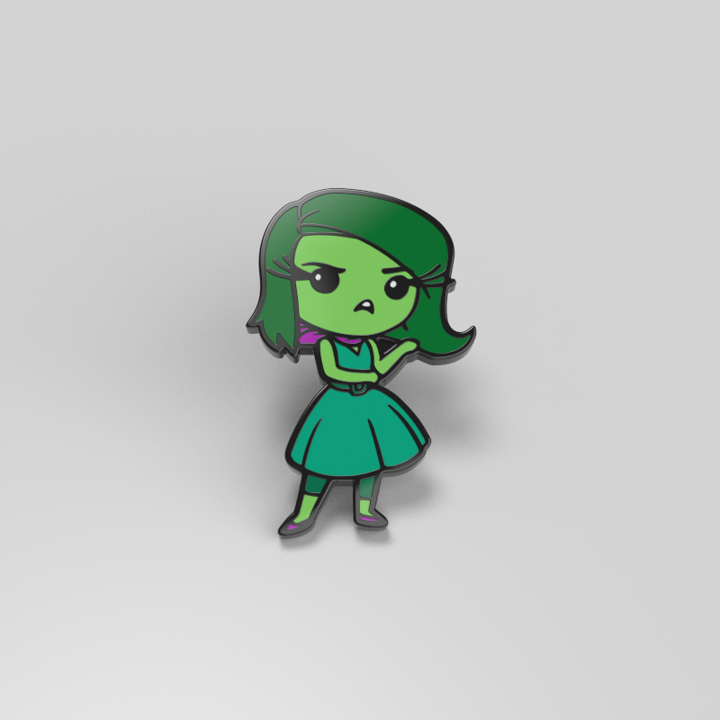 An officially licensed Pixar Disgust Pin featuring a green haired girl in a dress with enamel dimensions.