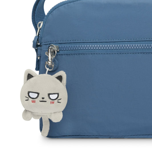 A portable TeeTurtle blue bag with a TeeTurtle Cat Plushie Charm Keychain (Light Gray).