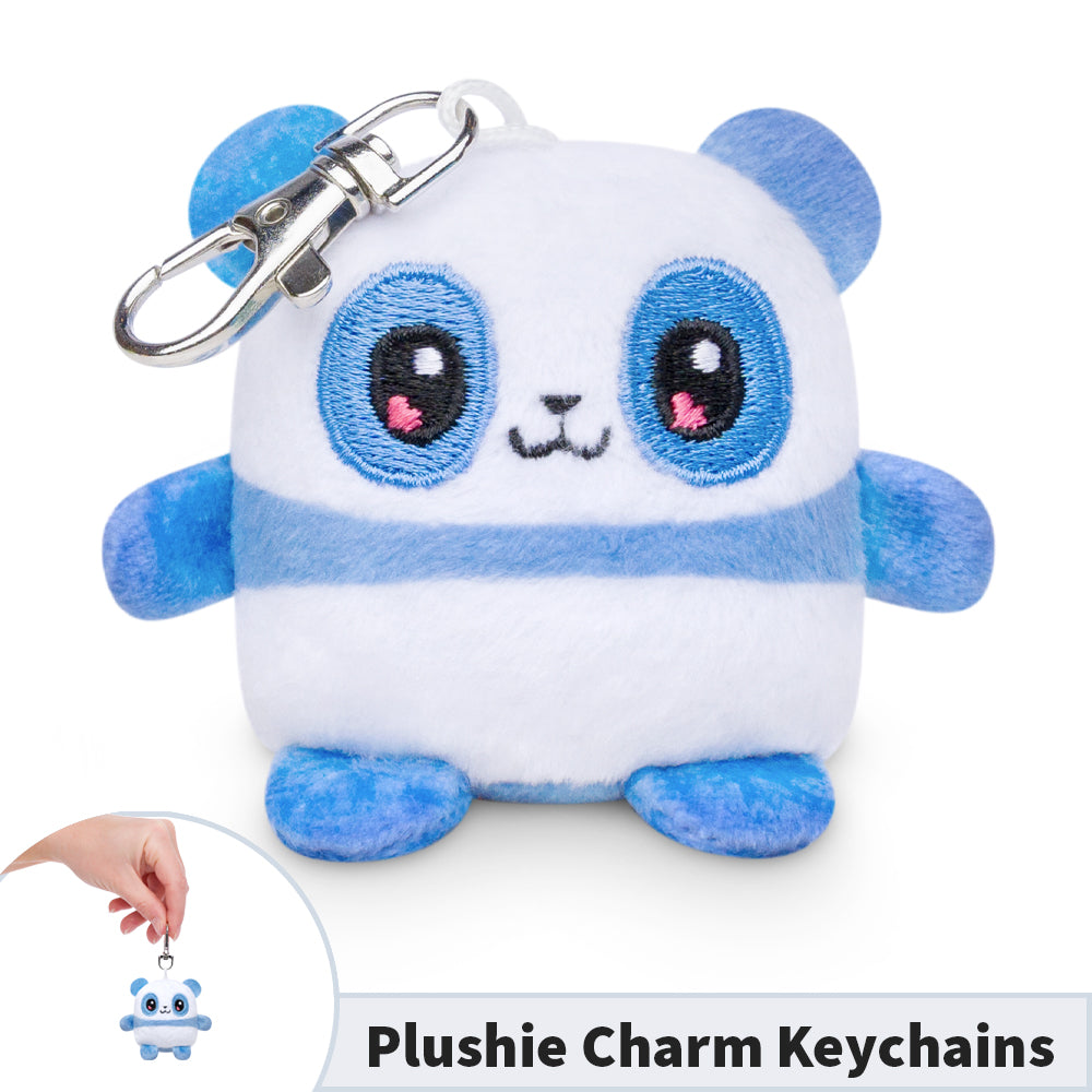 A portable TeeTurtle blue and white panda plush keychain.