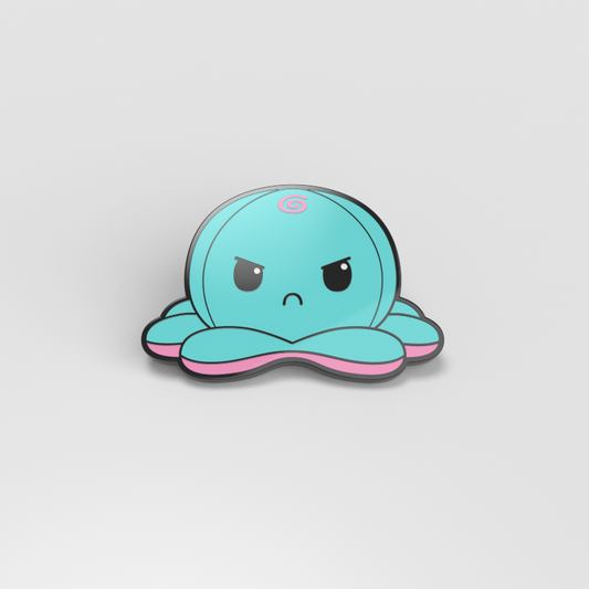 An Angry Aqua Octopus Pin by TeeTurtle on a white background.
