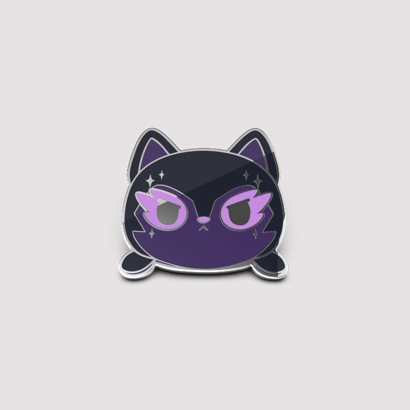 A plushie of a black cat with purple eyes on a white background, adorned with TeeTurtle Galactic Wolf enamel pins.