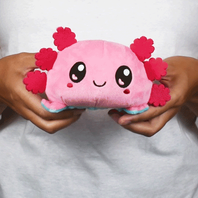 A person holding a TeeTurtle Reversible Axolotl Plushie (Pink + Aqua Worried) toy.