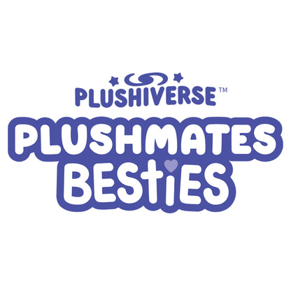 Logo of Plushiverse Yeti & Bigfoot featuring the text "Plushmates Besties" in bold, stylized blue font, decorated with star and heart motifs and magnetic hands. Made by TeeTurtle.