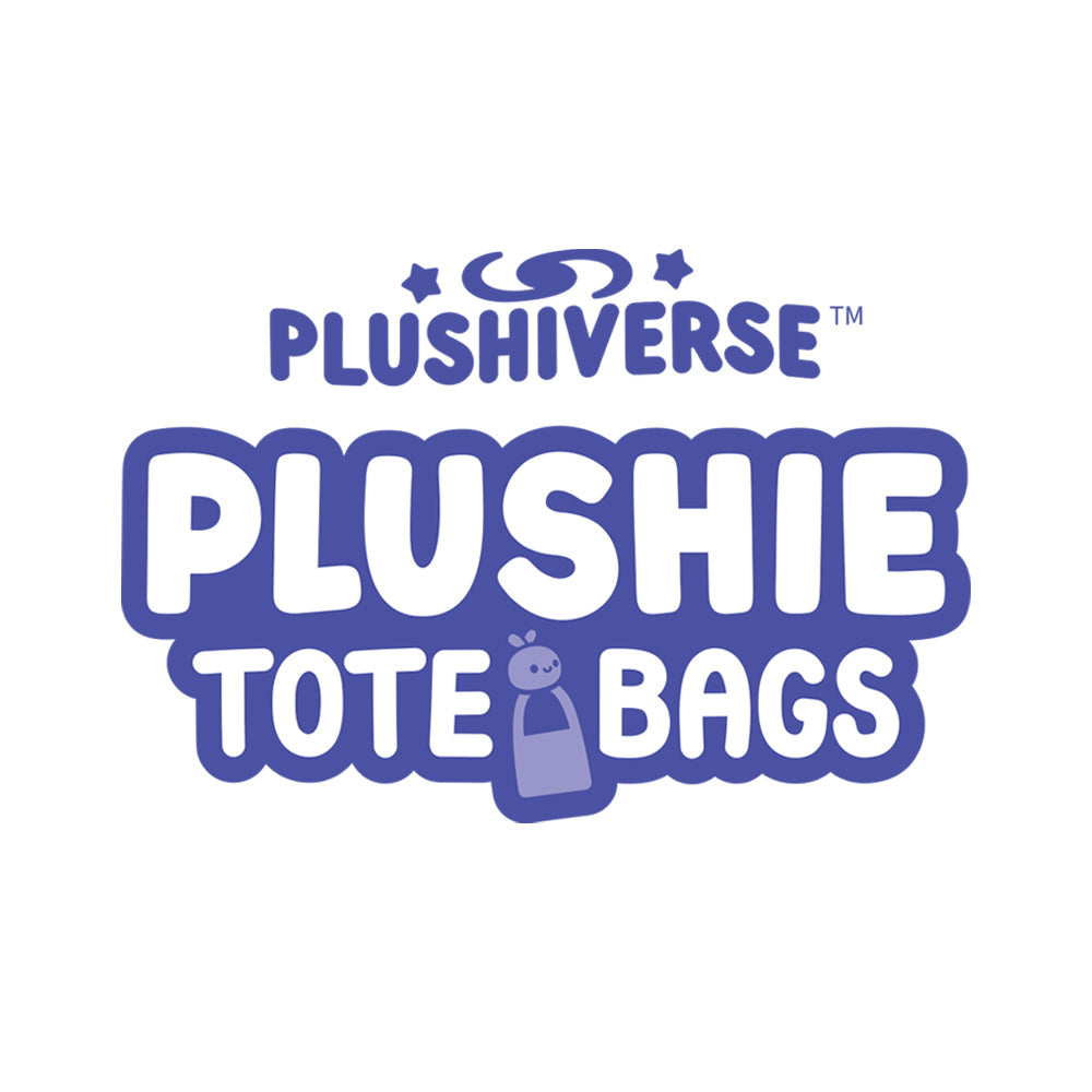 Logo for Plushiverse Elusive Nessie plushie tote bags featuring stylized blue text and a cartoon character from the Myths & Cryptids collection under a crescent and stars by TeeTurtle.