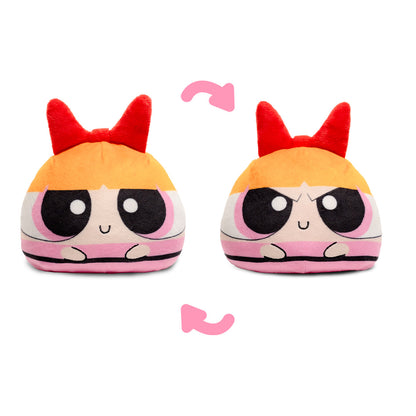 Blossom 4-inch reversible plush with red bow, orange hair, pink outfit, and an angry expression.