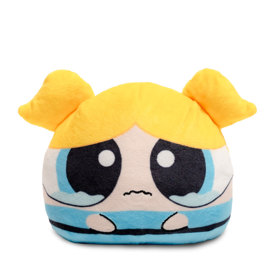 Bubbles 4-inch reversible plush with blonde pigtails, blue outfit, and a sad expression.