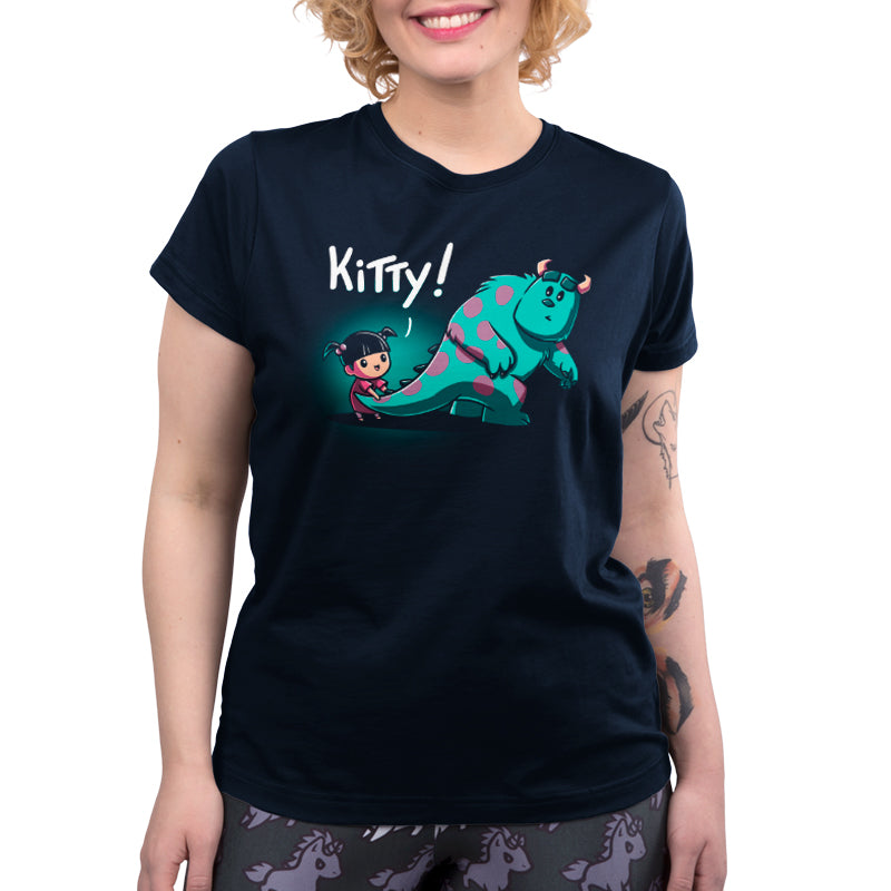 A woman wearing an officially licensed Disney t-shirt featuring Boo's Kitty.
