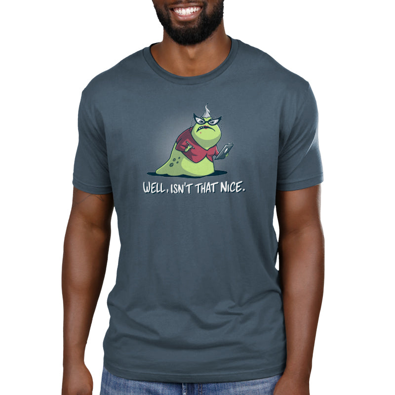 A man wearing a t-shirt that says "Well, Isn't That Nice", featuring Roz from Monster's Inc, an officially licensed Disney/Pixar product.