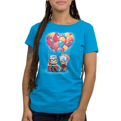 A women's officially licensed Disney t-shirt with an image of Carl and Ellie holding balloons.