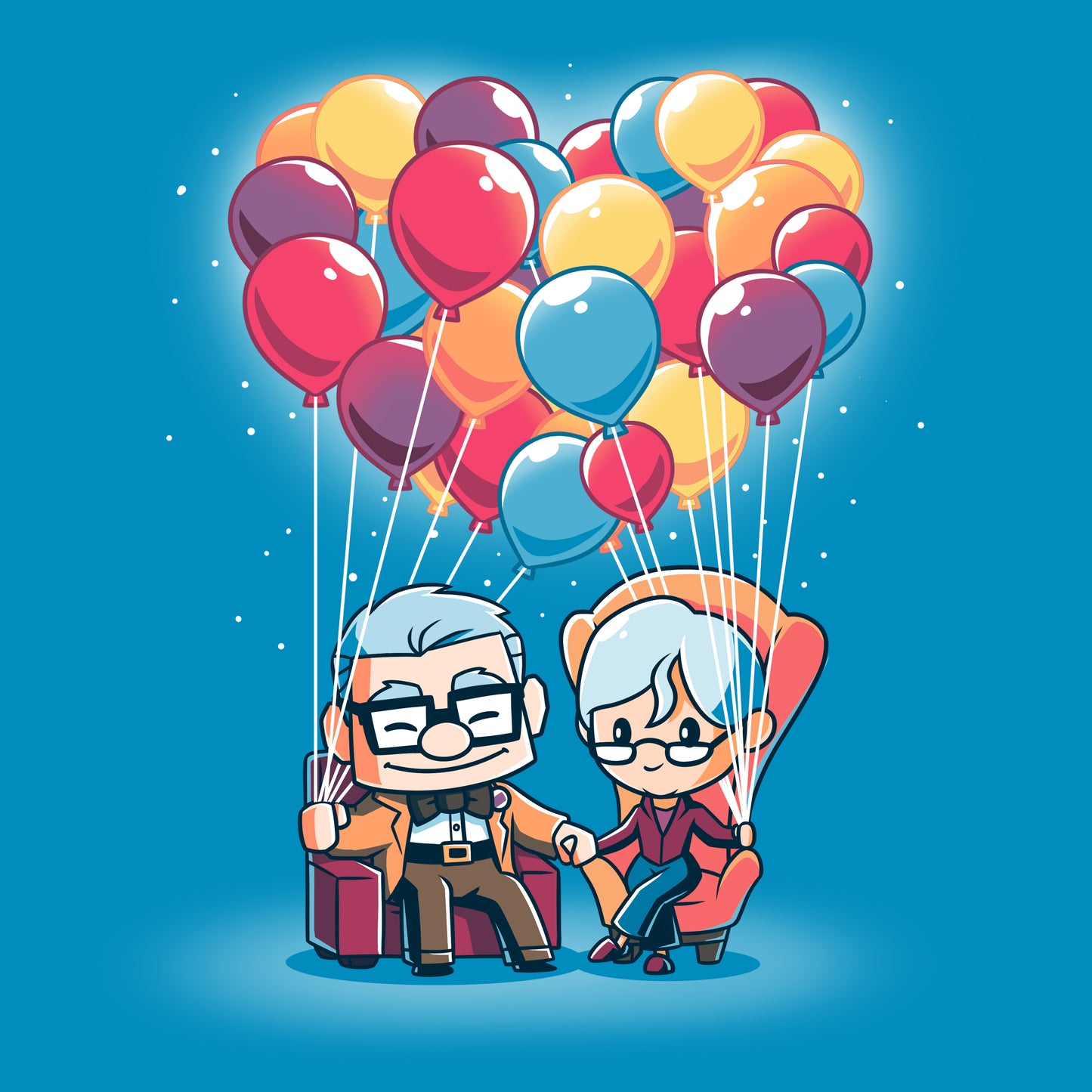 A man and woman sitting on a chair with balloons, wearing officially licensed Disney Super Soft Carl and Ellie men's t-shirts.