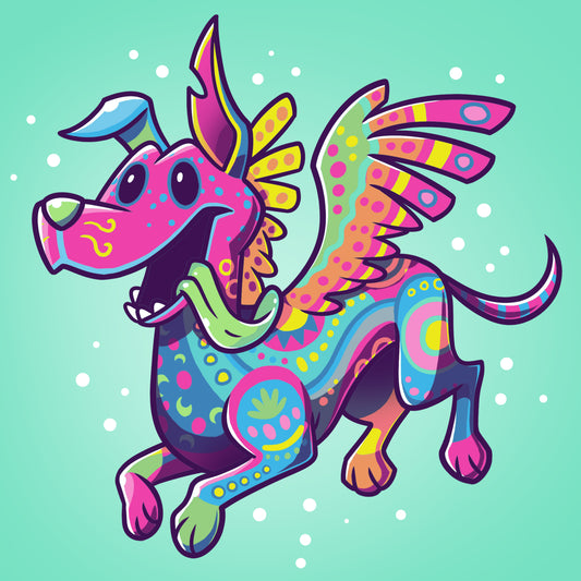 A colorful dog with wings flying on a blue background, officially licensed Dante the Alebrije T-shirt from Pixar.