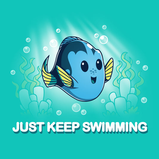 A blue fish with the words Just Keep Swimming, officially licensed by Pixar.