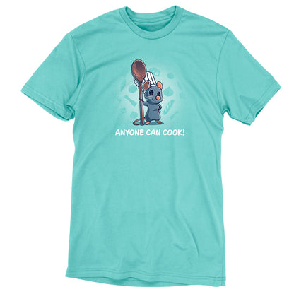 An officially licensed Disney teal t-shirt inspired by Remy from Ratatouille named "Anyone Can Cook".