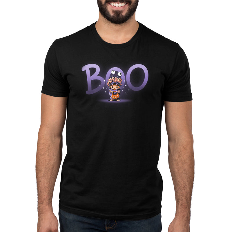 A man wearing an officially licensed Pixar's Monster's Inc. Boo's Halloween Costume T-shirt.