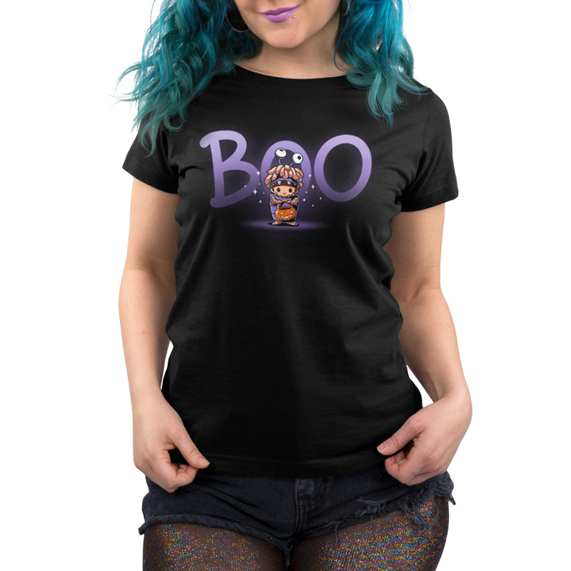 Officially licensed women's black t-shirt featuring the word "boo" from Monster's Inc., a Pixar film.