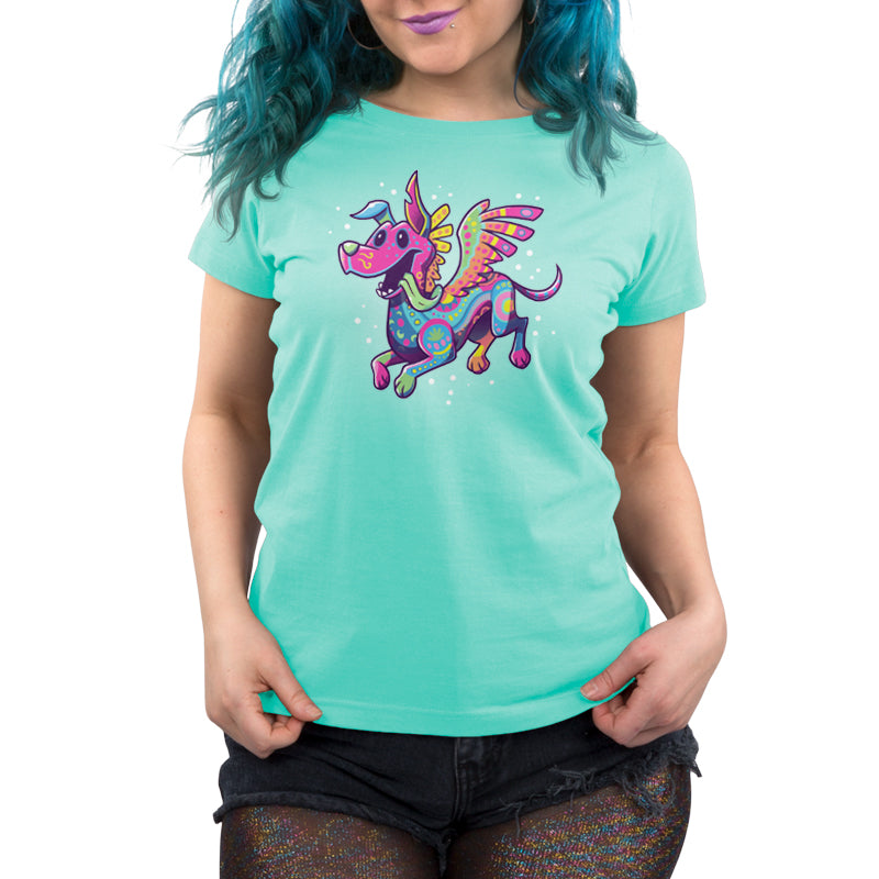 A woman wearing an officially licensed Pixar Coco Dante the Alebrije t-shirt.