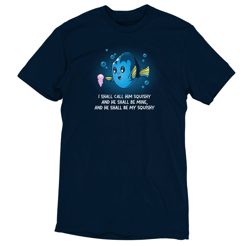 An officially licensed Pixar I Shall Call Him Squishy blue t-shirt with an image of an octopus and an ice cream.