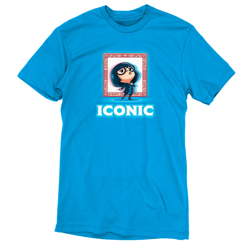 An officially licensed blue unisex Iconic Edna Mode tee with the word "icon" on it, made by Disney.