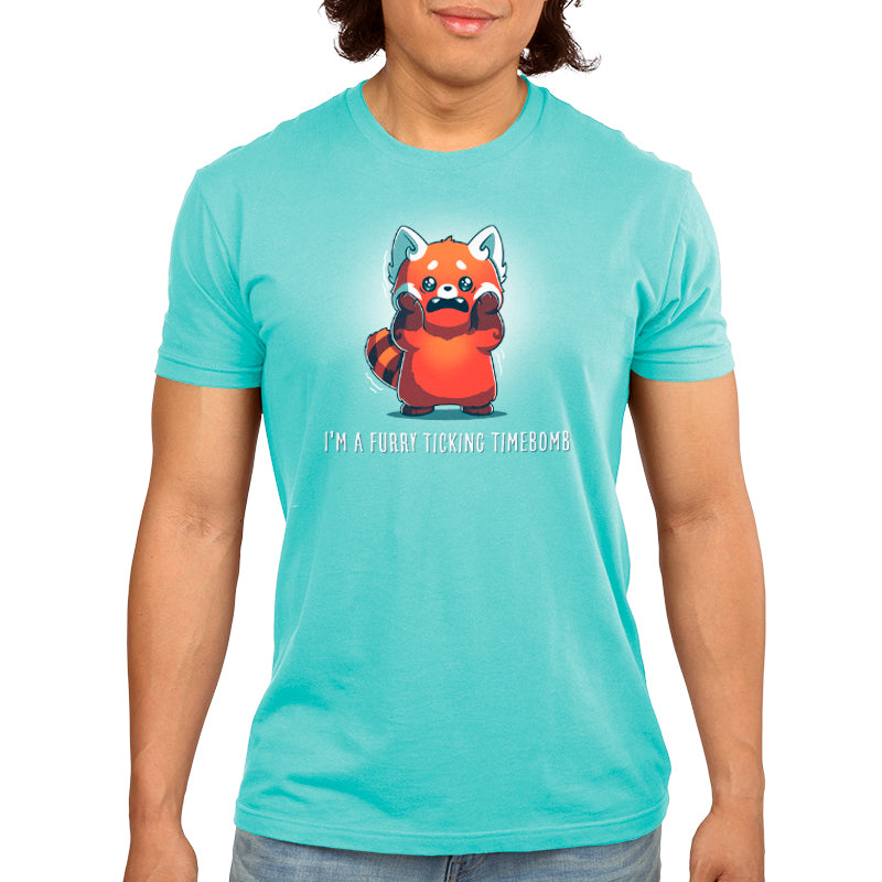 A man wearing a turquoise t-shirt that says I'm a Furry Ticking Timebomb, Pixar.