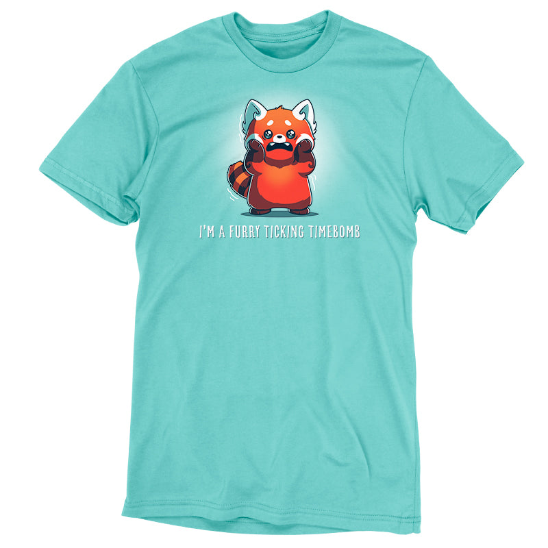 A teal I’m a Furry Ticking Timebomb t-shirt with a red panda on it, inspired by Mei Li - by Pixar.