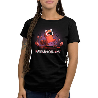 A woman wearing an officially licensed Pandamonium from Pixar T-shirt.