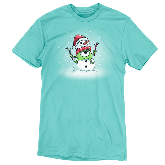 A Snowman Mike T-shirt with a snowman design on a turquoise background by Pixar.