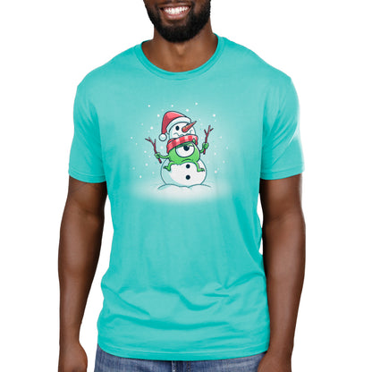 A man wearing a turquoise t-shirt with a Snowman Mike from Pixar on it, resembling the iconic character Mike Wazowski.