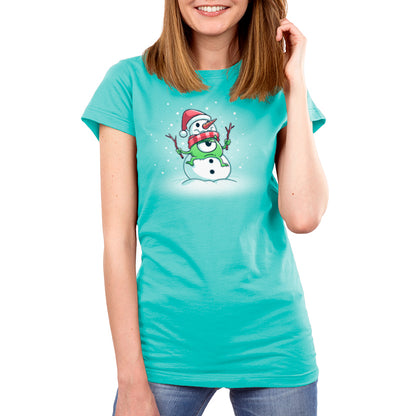 A woman wearing a Snowman Mike-themed T-shirt by Pixar.