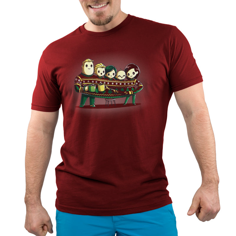 A man wearing a Pixar's The Incredibles Family Holiday Sweater with licensed cartoon characters on it.