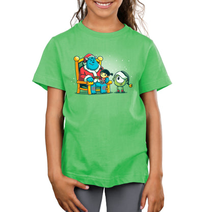 A girl wearing an officially licensed Santa Sully, Elf Mike, and Boo t-shirt from Disney.
