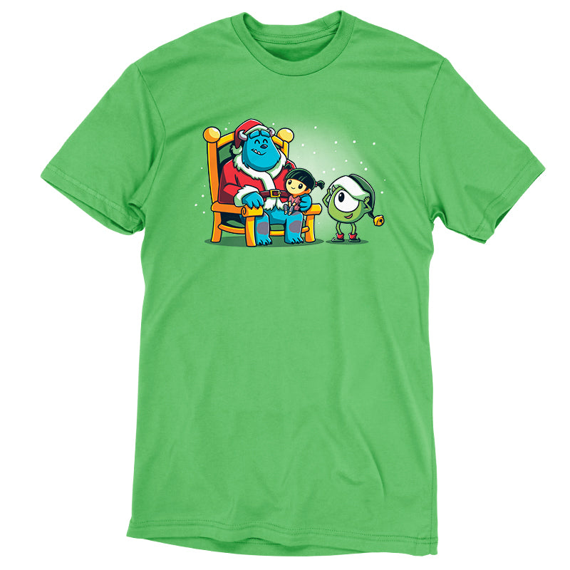 An officially licensed Disney Monsters Inc. Santa Sully, Elf Mike, and Boo t-shirt with a cartoon character sitting on a throne.