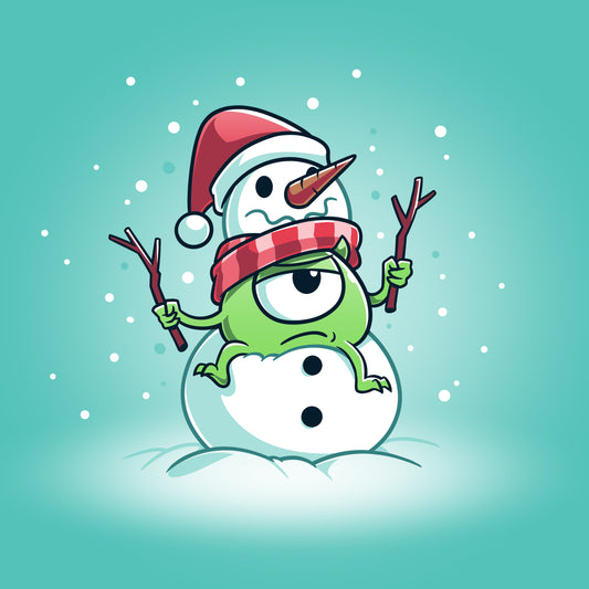 A Snowman Mike wearing a hat and a Santa hat on a Pixar T-shirt.