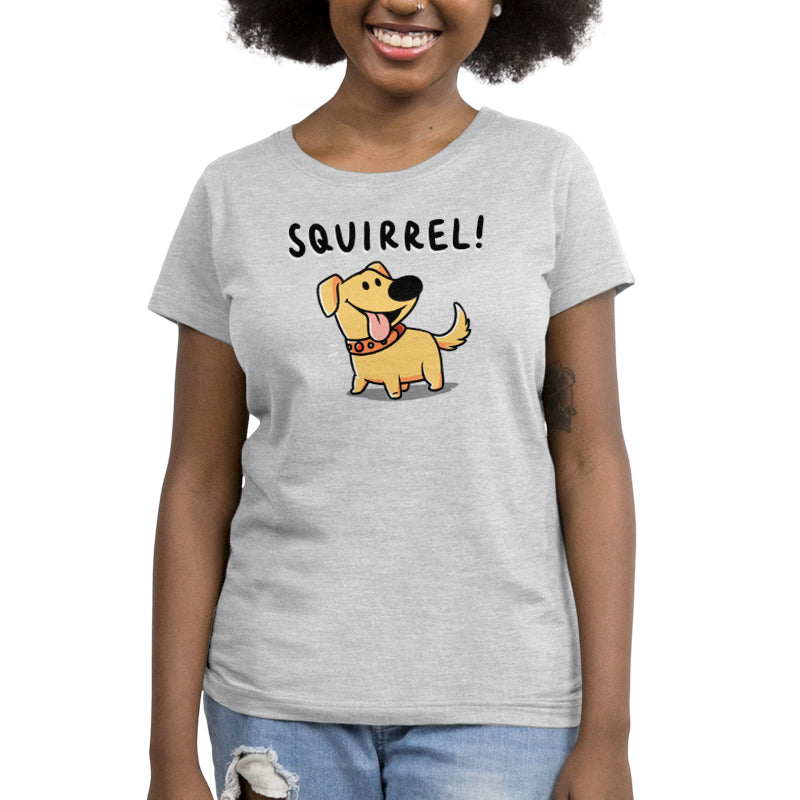 A woman wearing a t-shirt with licensed Disney Squirrel! attire.