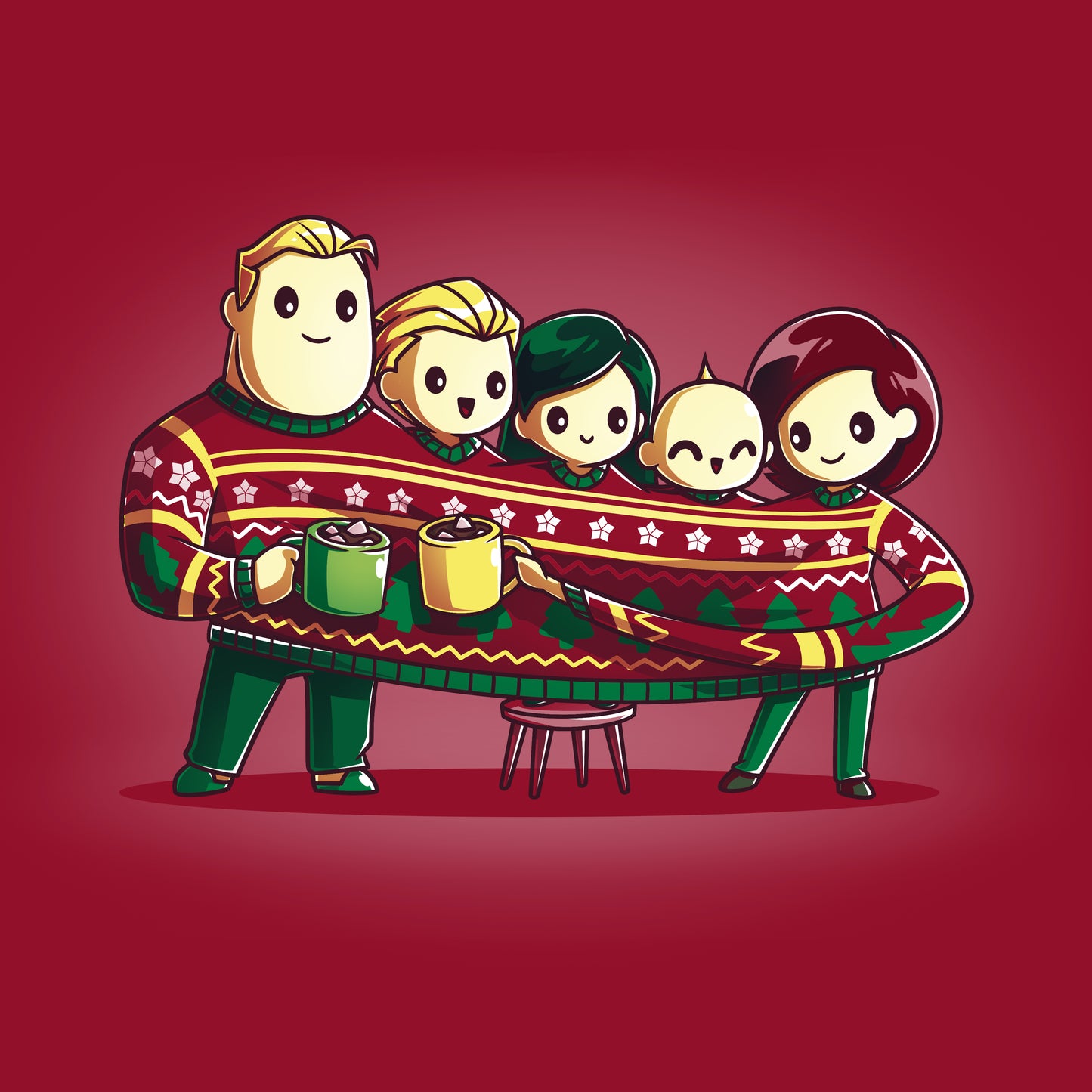 A family in "The Incredibles Family Holiday Sweater" by Pixar.