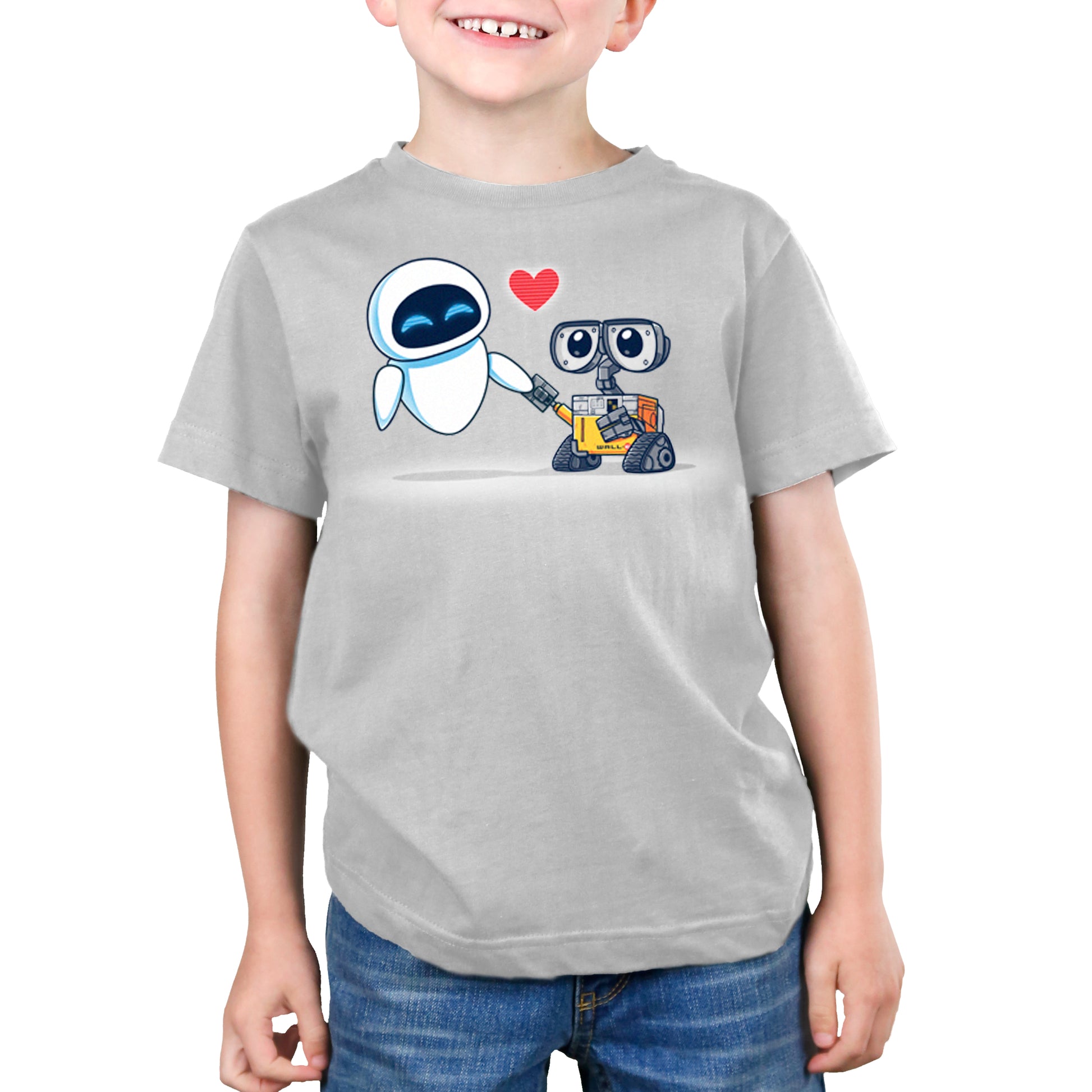 A boy wearing a Disney branded gray t-shirt with an image of Wall-E and Eve, providing comfort.