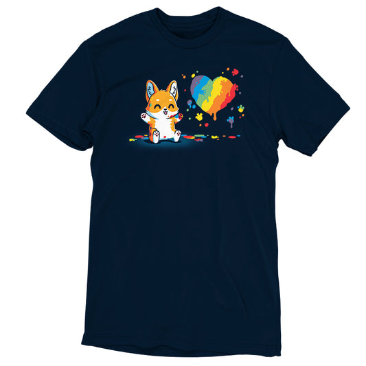 A TeeTurtle Paw Painting (Corgi) navy t-shirt featuring a corgi with a rainbow heart.