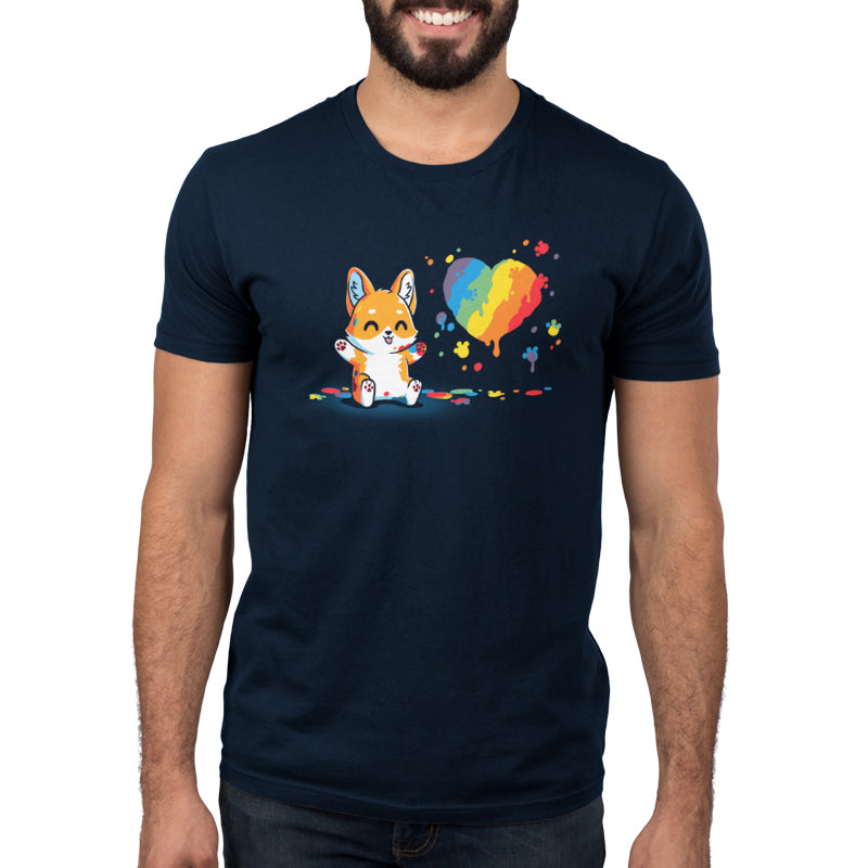 Rainbow heart men's t-shirt featuring a Paw Painting (Corgi) by TeeTurtle.