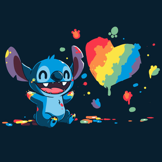 An officially licensed Disney cartoon featuring Paw Painting (Stitch) with a rainbow heart.