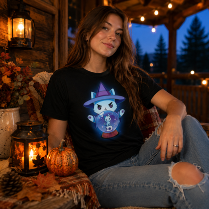 Premium Cotton T-shirt_TeeTurtle black Certified Black Thumb Premium Cotton T-shirt featuring a white cat dressed in a witch outfit, casting a spell with a crystal ball that shows another smaller cat