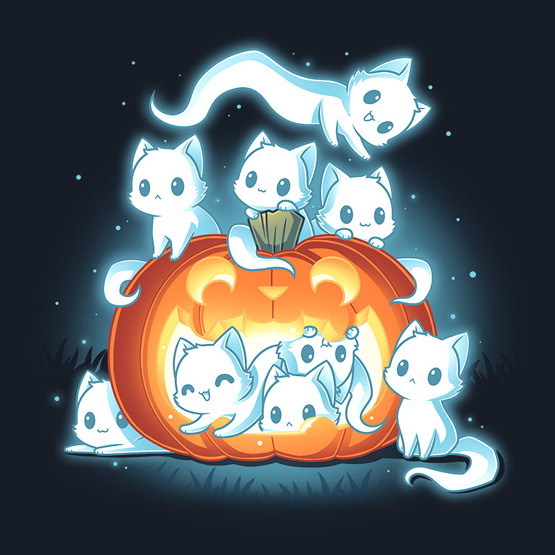 Premium Cotton T-shirt_TeeTurtle navy blue Pawssessed Pumpkin apparel featuring a giant jack-o'-lantern with nine ghost cats in various playful poses around it.