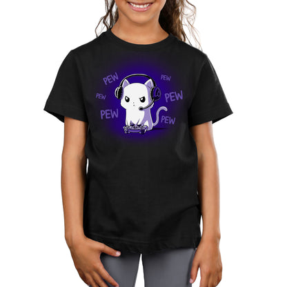 A girl wearing a TeeTurtle black t-shirt with a Pew Pew Kitty (Glow) cat on it.