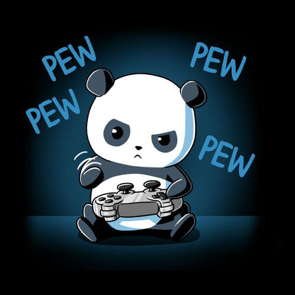 A Pew Pew Panda wearing a TeeTurtle original t-shirt is button mashing while playing a video game with a controller.