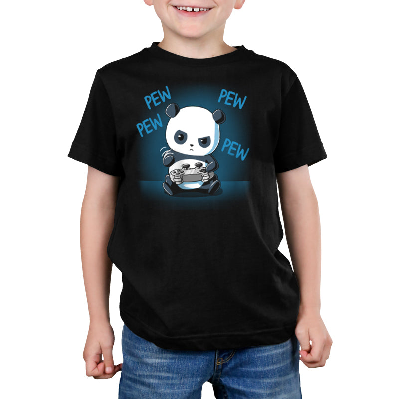 A young boy wearing a black TeeTurtle tee with a Pew Pew Panda on it.