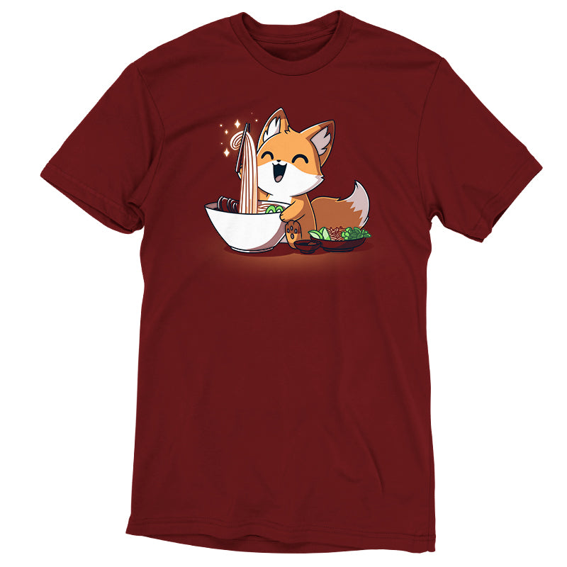 A Pho Fox with a bowl of soup on a TeeTurtle maroon t-shirt.