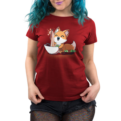 A garnet red TeeTurtle Pho Fox women's T-shirt featuring an image of a fox with a bowl of noodles.