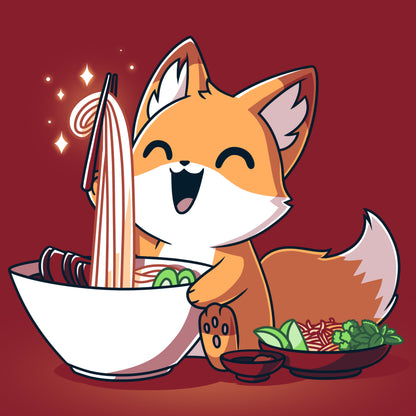 A TeeTurtle Pho Fox enjoying a bowl of noodles with chopsticks on a red tee.